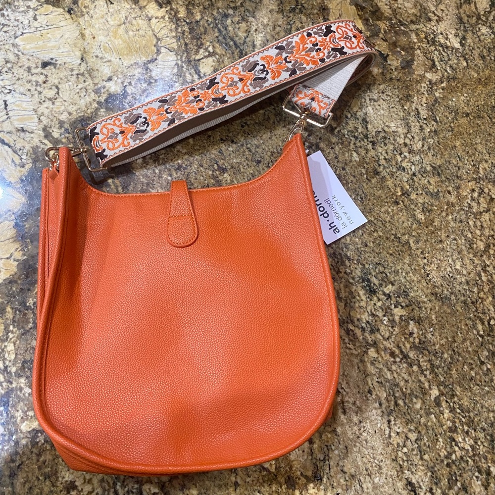 Ahdorned crossbody bag with guitar strap - Pebbled vegan leather Orange - NEW
